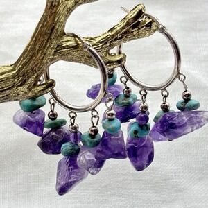 Sterling Silver Amethyst Turquoise Gemstone Hoop Earrings Signed ATI Pierced